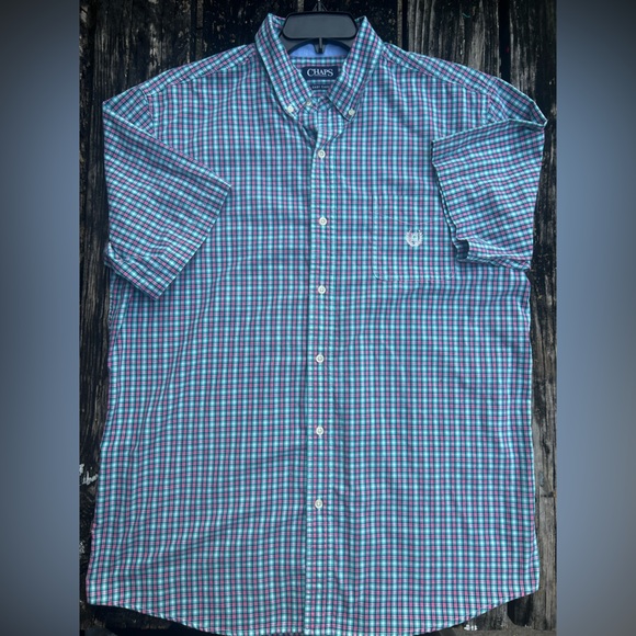 Chaps Easy Care Men’s Short Sleeve Button Down XL Pink Green Shirt C9 - Picture 3 of 5